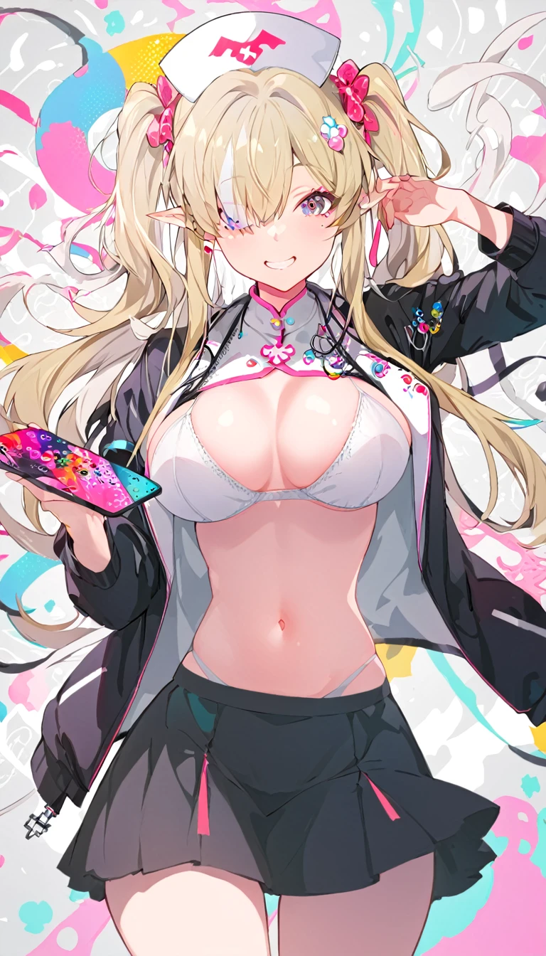 Beautiful blonde woman with white hair and white jacket is depicted in front of Mr./Ms.'s colorful and electronic background, long hair, thighs, hair above one eye, breasts, 1girl, navel, hair ornament, jacket, pointed ears, nurse cap, skirt, black jacket, smile, open clothes, underwear