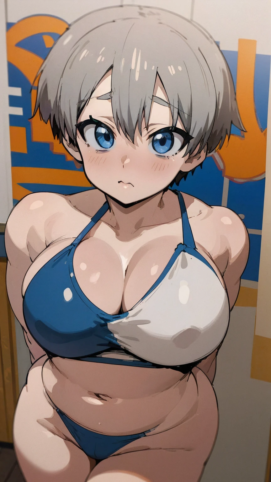 masterpiece, best quality, ultra-detailed, Potrait of beautiful , (chubby) (muscular), (plump), (sexly), (cleavage), ((tomboy)), (アニメ), (Breasts), (Plump), ((very short hair)), ((Uzaki Hana)), (overweight), (Gray Hair), ((Saggy breasts)), (blue eyes), (Short Hair), (blue eyes), ((thick)), (swimsuits),