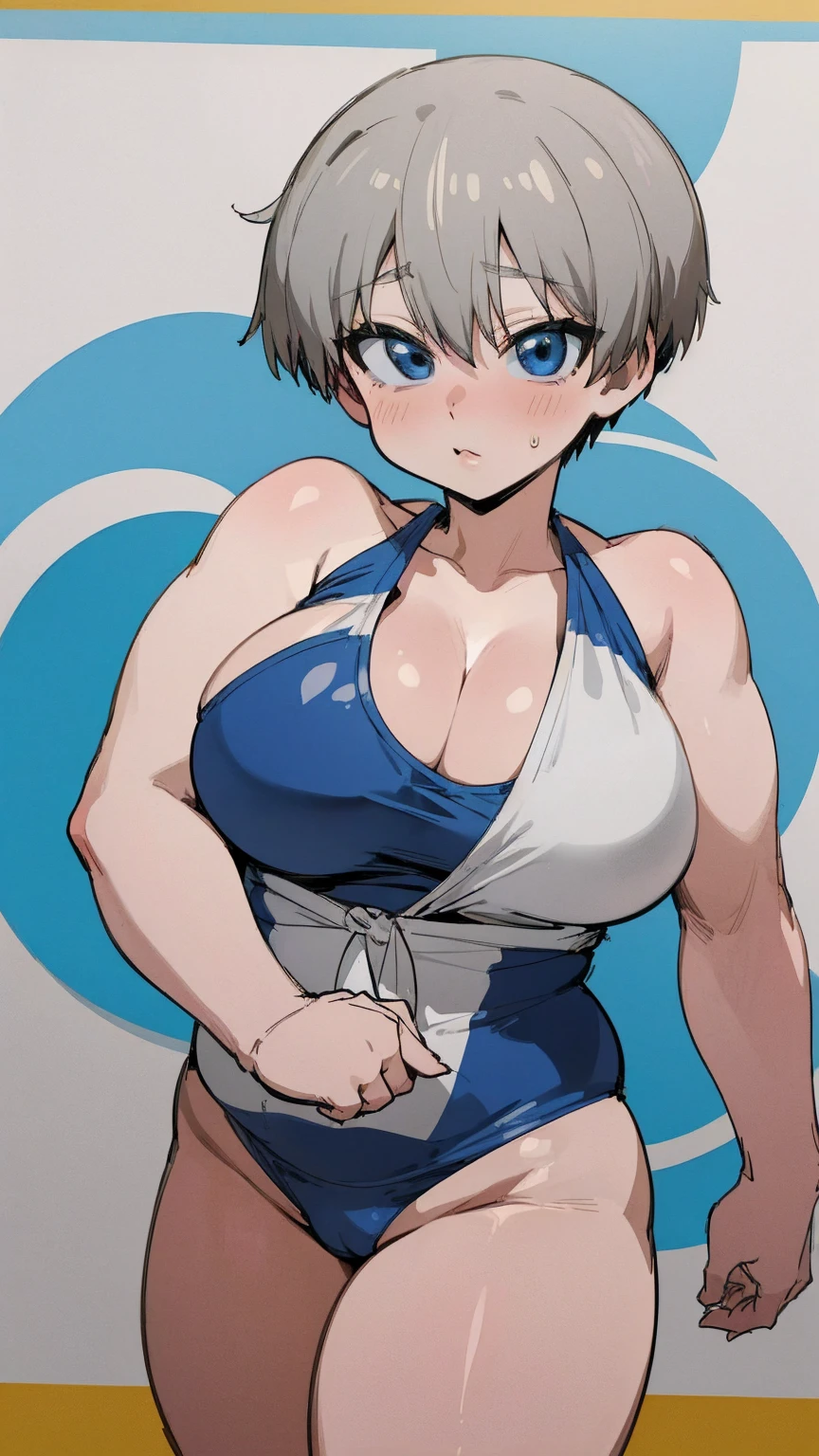 masterpiece, best quality, ultra-detailed, Potrait of beautiful , (chubby) (muscular), (plump), (sexly), (cleavage), ((tomboy)), (アニメ), (Breasts), (Plump), ((very short hair)), ((Uzaki Hana)), (overweight), (Gray Hair), ((Saggy breasts)), (blue eyes), (Short Hair), (blue eyes), ((thick)), (swimsuits),