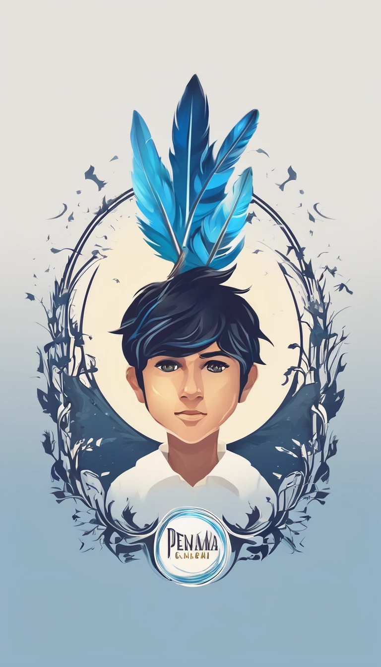 Create a minimalistic, simple, fantastic, easy to understand, logo design of a boy and a feather for an upcoming Fantasy Role Playing Game called " Penamemoria". The game is about a world full of bird and feathers. A boy enters that world and discovers his true artistic identity. Create a logo design that transmits the essence of this videogame. It´s a fantasy game, with fantasy elements. Create the logo in the center and a fantasy theme as background. Use the colours blue, white, yellow in the logo. The logo design must convey a sense of fantasy, dreams and music. Must convey a feeling of being a true Dreamer