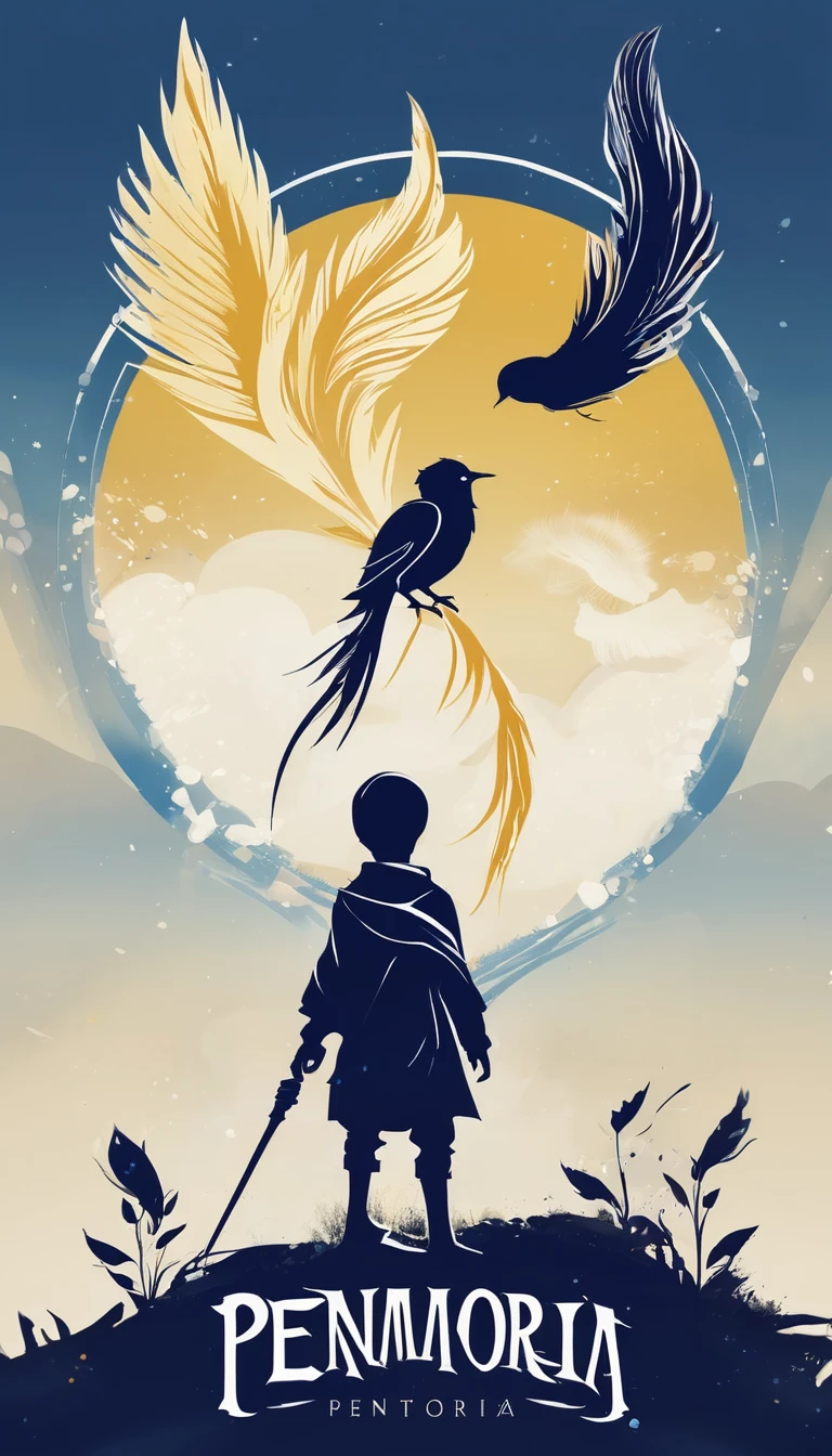 Create a minimalistic, simple, fantastic, easy to understand, logo design of a boy and a feather for an upcoming Fantasy Role Playing Game called " Penamemoria". The game is about a world full of bird and feathers. A boy enters that world and discovers his true artistic identity. Create a logo design that transmits the essence of this videogame. It´s a fantasy game, with fantasy elements. Create the logo in the center and a fantasy theme as background. Use the colours blue, white, yellow in the logo. The logo design must convey a sense of fantasy, dreams and music. Must convey a feeling of being a true Dreamer