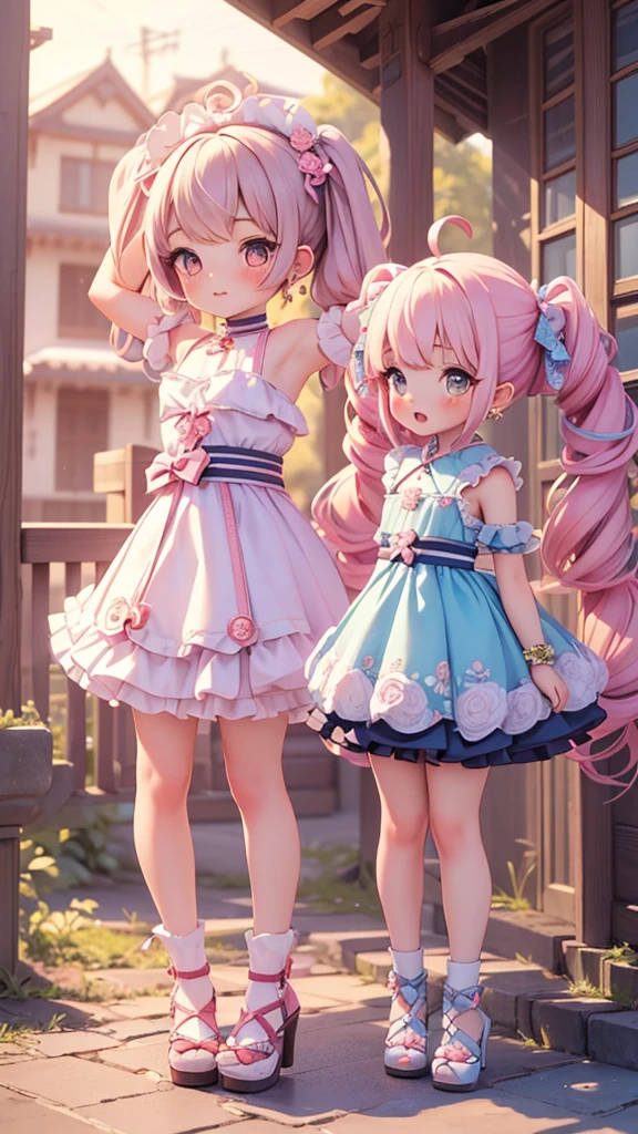 (armpits), (((petite bishojo, two girls))), ((kawaii face)), ((kawaii eyes)), (masterpiece), (top quality), ((hyper detailed)), (exquisite), (beautiful and aesthetic), (super detailed skin), (high standard), (high resolution), (perfect anatomy), (full body), (nose blush), (short twintails), (ahoge), ((jirai kei, ground mine)), (earring), (lipstick)