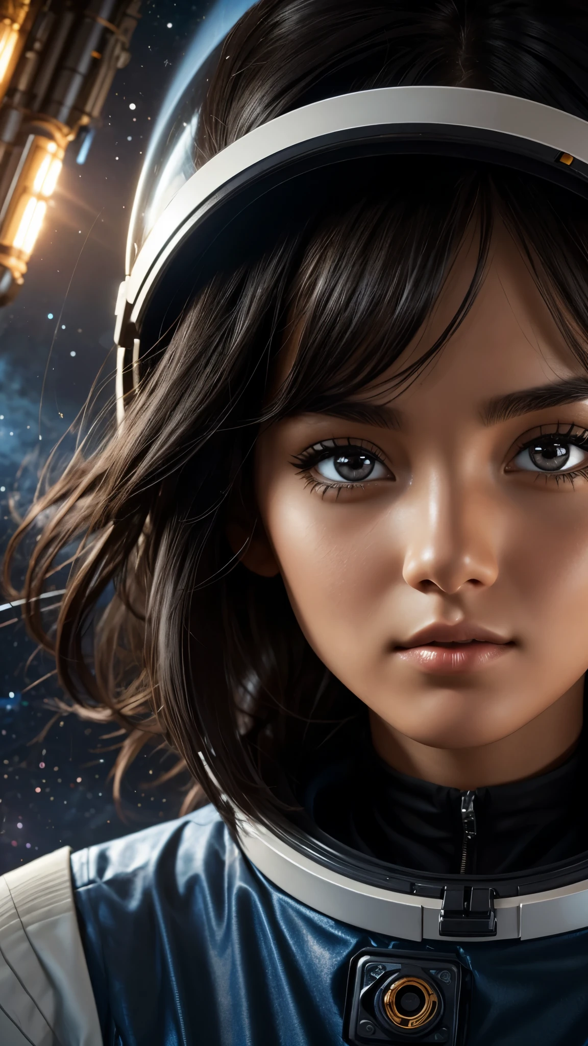 Beautiful black-haired girl with brown eyes and hair wearing space clothes inside a ship photo session close-up on the face