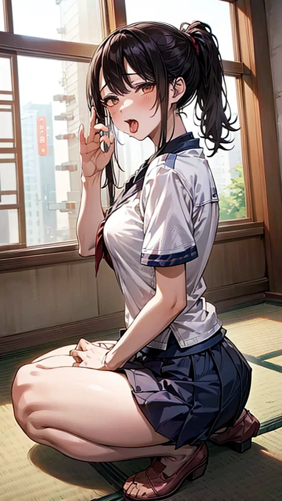 Drooling、Male student、tatami、uniform、Club room、Baseball club、ponytail、:1.5、Ahegao:1.5、Window Glass、School classroom、Surrounded by men、Side view,Cum onir,Lower body of man in front of female face、A woman is sitting sideways、On my knees、Kneeling posture、