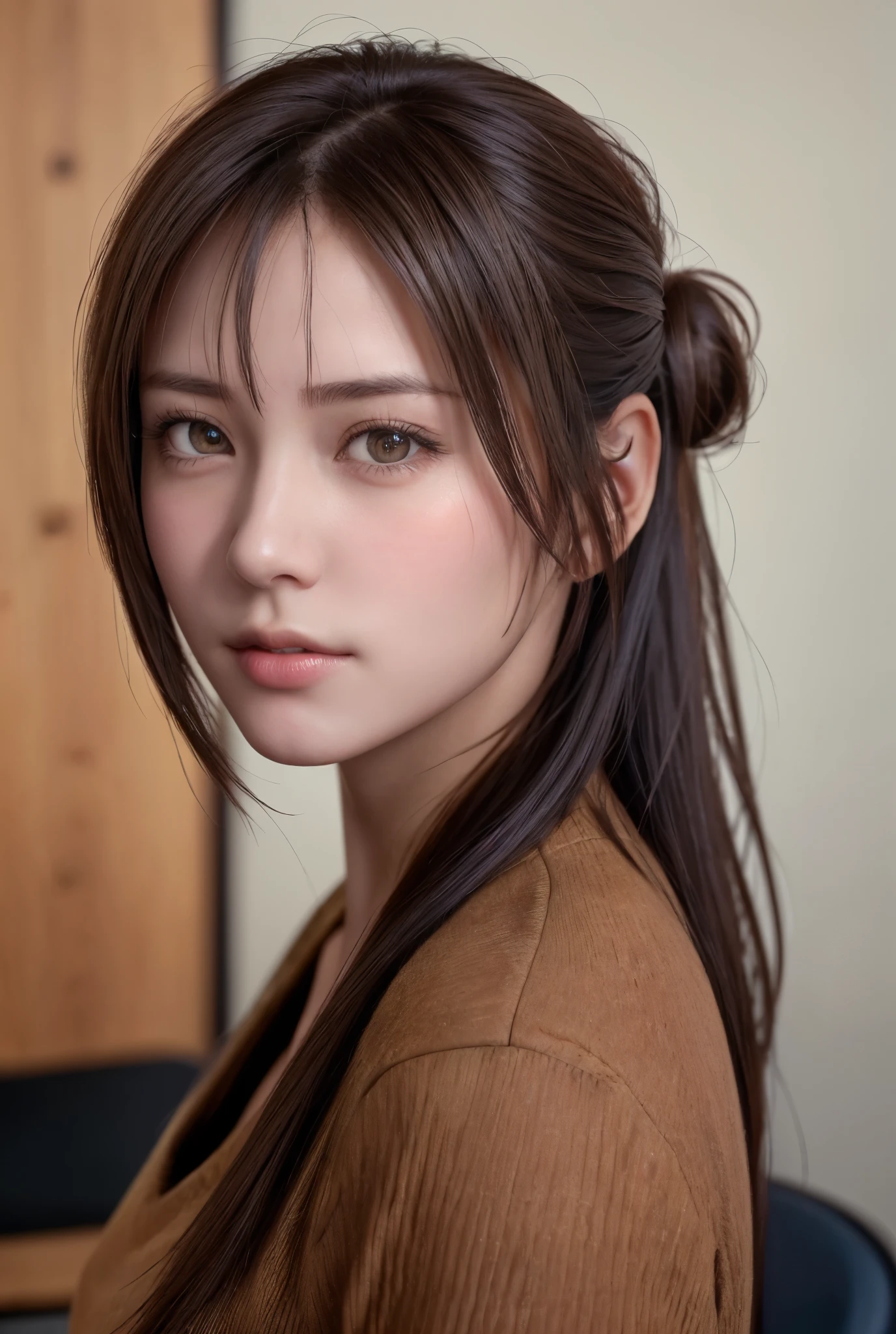 8K,Best Quality, masutepiece, 超A high resolution, (Photorealistic:1.4), Raw photo, (Authentic skin texture:1.3), (Film grain:1.3), (Selfie angle),1girl in, Bun hairstyle, Brown hair, Sitting, Chair, bored, Hand supporting chin, beautiful detailed eyes and face,masutepiece, Best Quality,close-up,upper bod,