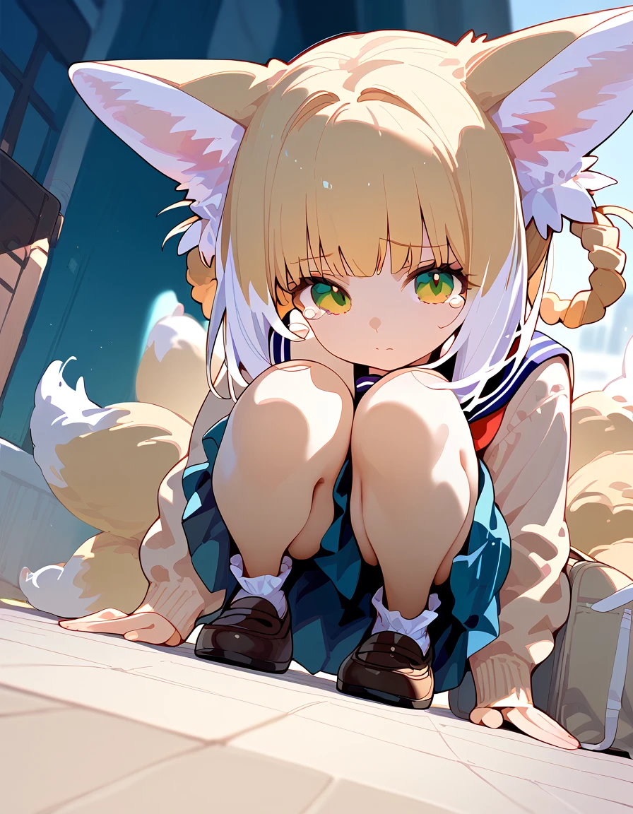 score_9,score_8_up,score_7_up,
1girl,solo,suzuran,closed mouth,green eyes,tearing_up,hair rings,animal ear fluff,blonde hair,multiple tails,fox tail,outdoors,in a meadow,(school uniform:1.2),on floor,),squatting,from below ,looking at viewer,