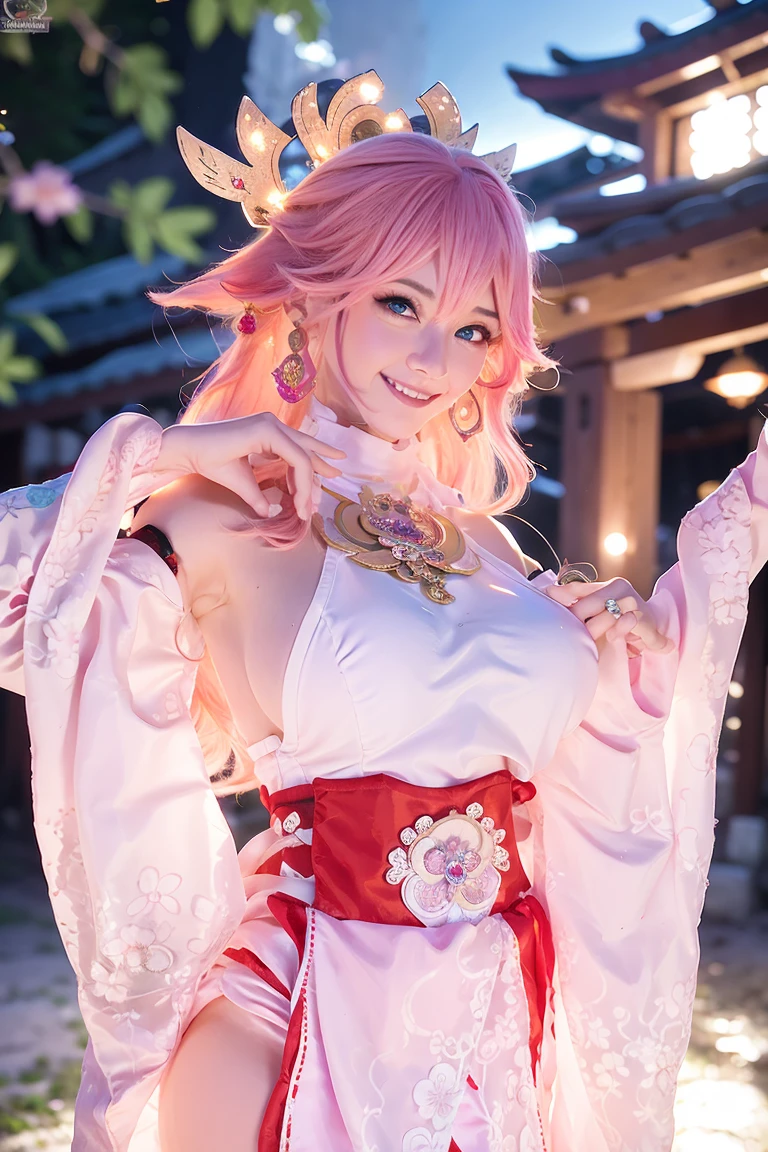 (Extreme Detail CG Unity 8K wallpaper, masterpiece, highest quality), Extremely cute, (Realistic:1.6), RAW photo from above, (ulzzang-6500-v1.1:0.4) 1girl, kpop idol, yae miko, detached sleeves, pink hair, long hair, best quality, (photorealistic:1.2), (hair ornament:1.35), jewelry, cute face, face close-up, smile, (smile from different angles, cute smile:1.2), purple eyes, earrings, (large round breasts, big breasts: 1.2), torii, cherry blossoms, lantern light, depth of field, detailed face, face focus, (looking at viewer:1.25), shiny skin, long sleeves, game cg, thighhighs, east asian architecture, blurry background, full body, arms behind back, hands behind,