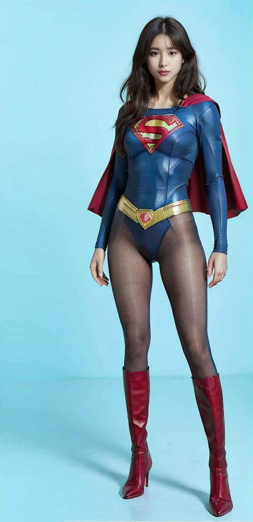 No background、(((Beautiful legs in black tights.)))、(((Legally express the beauty of your smile)))、((((Make the most of your original images)))、(((Supergirl Costume)))、(((Beautiful very short hair)))、(((suffering)))、(((Please wear black tights....、Wear red boots)))、((Best image quality、8K))、((Highest quality、8K、masterpiece:1.3))、(((Preserve background )))、Sharp focus:1.2、Beautiful woman with perfect figure:1.4、Slim Abs:1.2、Wet body:1.5、Highly detailed face and skin texture、8K