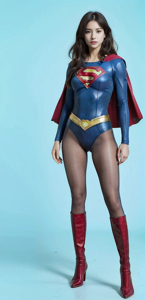 No background、(((Beautiful legs in black tights.)))、(((Legally express the beauty of your smile)))、((((Make the most of your original images)))、(((Supergirl Costume)))、(((Beautiful very short hair)))、(((suffering)))、(((Please wear black tights....、Wear red boots)))、((Best image quality、8K))、((Highest quality、8K、masterpiece:1.3))、(((Preserve background )))、Sharp focus:1.2、Beautiful woman with perfect figure:1.4、Slim Abs:1.2、Wet body:1.5、Highly detailed face and skin texture、8K