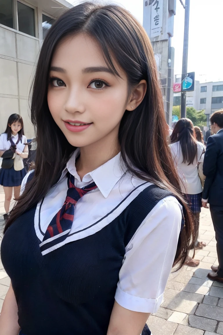 solve, 1 Girl, Looking at the audience,Young and beautiful Japan woman, Very cute face, Gorgeous appearance, Big Breasts,Long Bob Hair,smile,(school uniform:1.3),Beautiful Eyes,(that&#39;the wind is strong:1.3), 混雑した道をsmileで歩く,Glossy Lips, Double eyelids on both eyes, Natural Makeup, Long eyelashes, 艶やかで滑らかなライトブラウンのLong Bob Hair, Asymmetrical bangs, Shiny skin, Center image, 高solve, High detail, Detailed hairstyle, Detailed face, Great cinema lighting, Octane Rendering, Vibrant, Surreal, Perfect limbs, Perfect Anatomy, Spread your hair、Slender beauty:1.4、((Saggy breasts:1.4))、Exposing breasts、Slim Abs、Tight waist、(smile:1.2) 、(Pleated mini skirt、Lift the hem of the skirt:1.2))、thin and long beautiful legs、Legs wide open、(See-through black stockings:1.2)、(Lace panties:1.2、Beautiful pussy exposed、Take off、pussy creampie、pubic hair:1.1)、(From below:1.2)、Backlight、