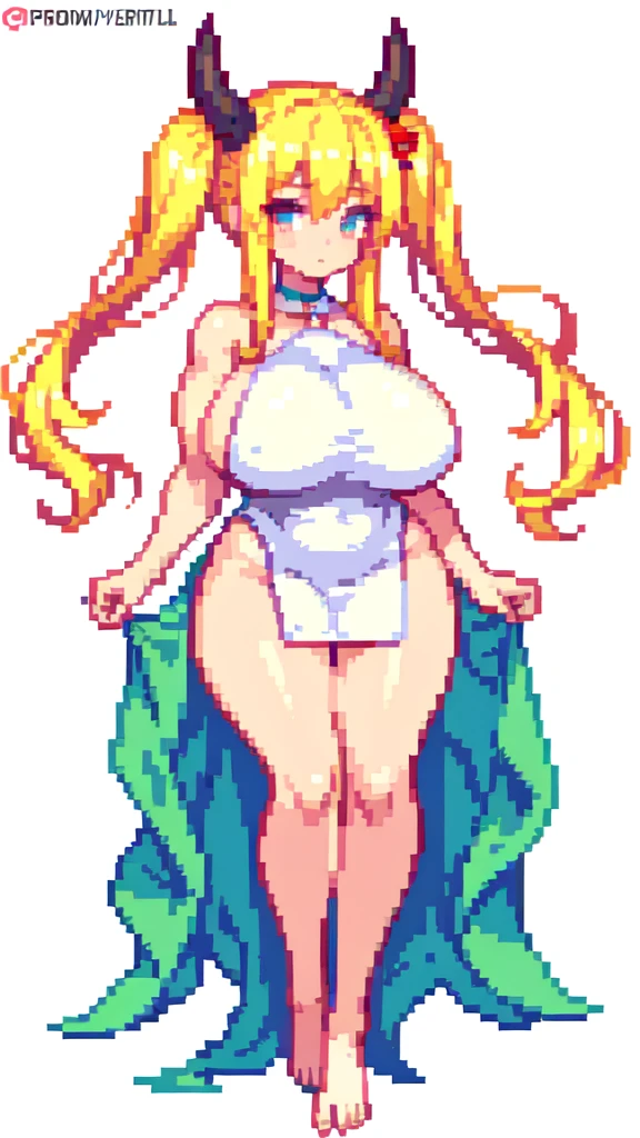 fetal position,{{long legs}},devil,barefoot,{{very muscular}},{{very gigantic breasts}} ,{{very curvy}} , ,masterpiece , best quality , pixel art , 1 girl ,{full body},  voluptuous ,twintails,blonde hair ,white dress,white background 
