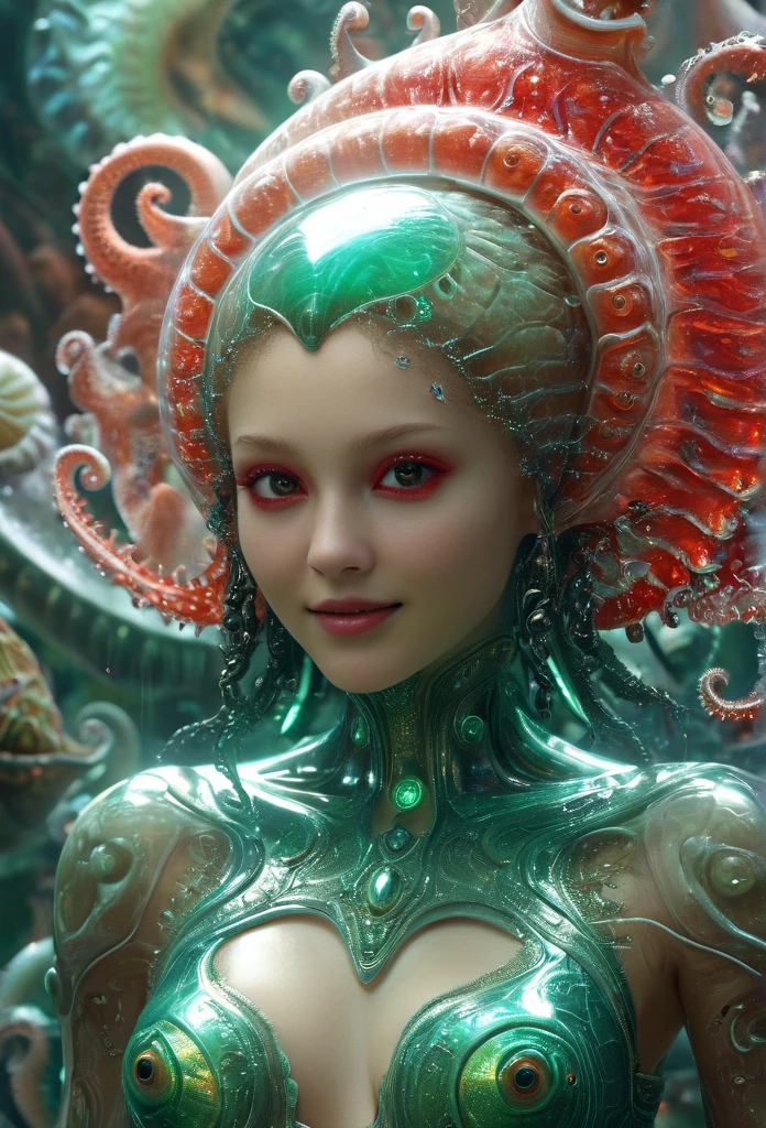 ((full body)),(Portrait of a beautiful yet frightening female alien teenager:1.4), ((There is a female genital-like organ in the middle of the forehead.:1.8)), (realistic face:1.2), Super realistic clear skin, she is very sleepy, (Number of award-winning masterpieces々, incredibly detailed, Texture and maximum detail), midnight aura, unreal engine 5, super sharp focus, midnight aura, unreal engine 5, super sharp focus, (art by Amano Yoshitaka:1.5), art germ, Reusch, intricate artwork, ultra realistic realism, High resolution, High freshness, draw faithfully, official art, Unity 8k wallpaper, Super detailed artistic photography, dream-like, fantasy creation, dream snail, (biopunk nautilus:1.3),thrilling color scheme, amazing mutation, well-proportioned body, goddess of the deep sea, fractal, Geometric pattern, impossible numberany transparent white tentacles with luminescent organs:1.4), Subtle emerald green accents, (smile seductively:1.3),(she has the most beautiful face in the history of the universe:1.5), (She looks down at the viewer with glowing red eyes without pupils:1.3), an evil gaze that seduces, cinematic lighting, (no makeup:1.3), (From the gap between your cute lips、Long canine teeth peek out like a vampire:1.5), in the palace hall, A sweet sigh leaks from your beautiful lips, ecstatic expression, She has countless hair-like translucent tentacles on her head.fractal,blingbling