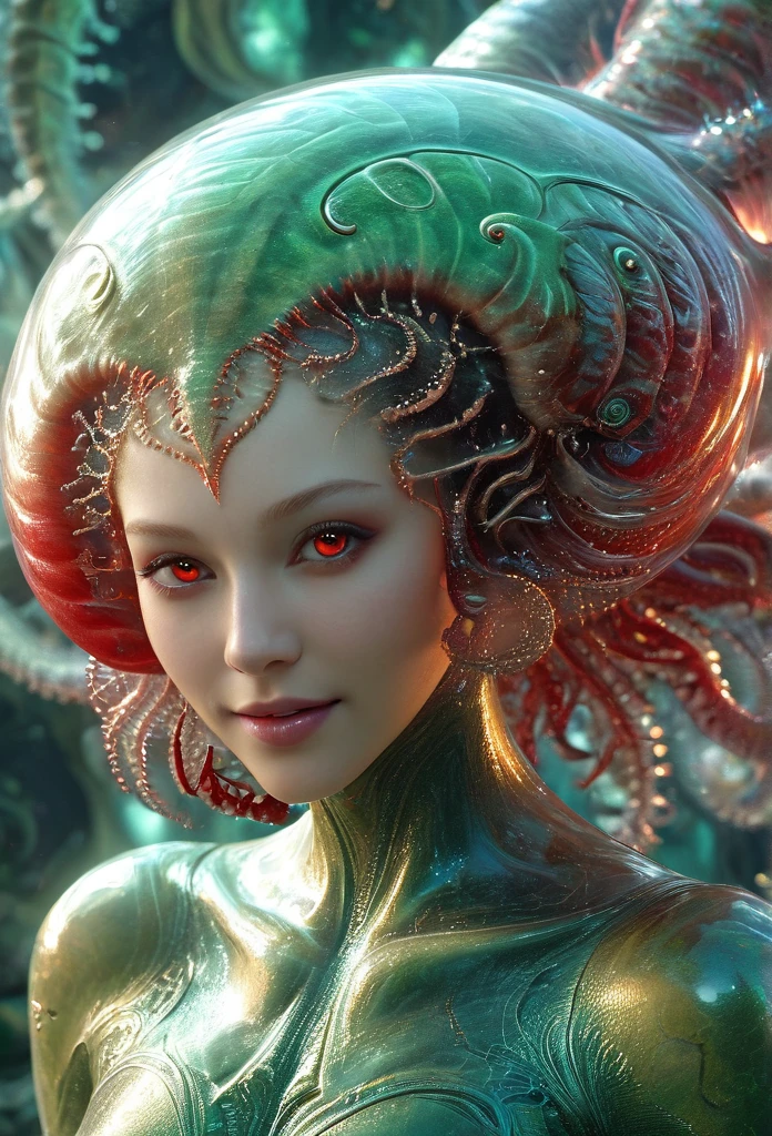 ((full body)),(Portrait of a beautiful yet frightening female alien ager:1.4), ((There is a female genital-like organ in the middle of the forehead.:1.8)), (realistic face:1.2), Super realistic clear skin, she is very sleepy, (Number of award-winning masterpieces々, incredibly detailed, Texture and maximum detail), midnight aura, unreal engine 5, super sharp focus, midnight aura, unreal engine 5, super sharp focus, (art by Amano Yoshitaka:1.5), art germ, Reusch, intricate artwork, ultra realistic realism, High resolution, High freshness, draw faithfully, official art, Unity 8k wallpaper, Super detailed artistic photography, dream-like, fantasy creation, dream snail, (biopunk nautilus:1.3),thrilling color scheme, amazing mutation, well-proportioned body, goddess of the deep sea, fractal, Geometric pattern, impossible numberany transparent white tentacles with luminescent organs:1.4), Subtle emerald green accents, (smile seductively:1.3),(she has the most beautiful face in the history of the universe:1.5), (She looks down at the viewer with glowing red eyes without pupils:1.3), an evil gaze that seduces, cinematic lighting, (no makeup:1.3), (From the gap between your cute lips、Long canine teeth peek out like a vampire:1.5), in the palace hall, A sweet sigh leaks from your beautiful lips, ecstatic expression, She has countless hair-like translucent tentacles on her head.fractal,blingbling