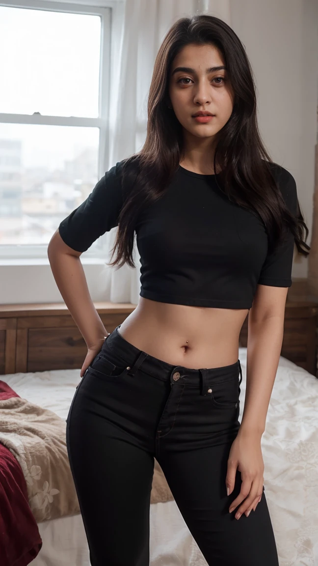 A beautiful young woman, Ananya Pandey wearing red skinny fit crop black jeans Full figure view full body,  badroom anatomy, ultra detailed face and eyes, ultra sharp HDR, realistic realism, 8k