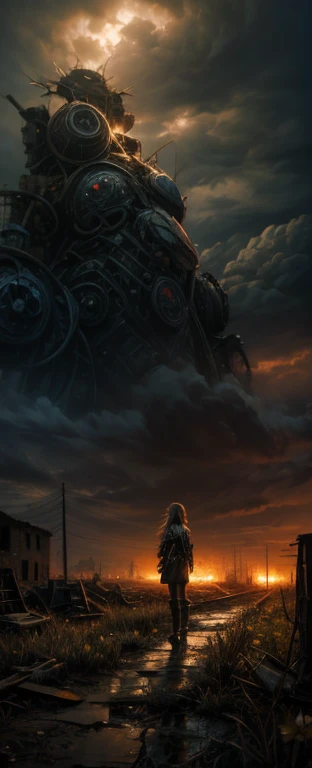 "Oil painting, ((resilient)) girl standing amidst nuclear wasteland ruins, delicate flowers emerging from the desolation, ominous clouds casting shadows, ((haunting beauty)), post-apocalyptic masterpiece"