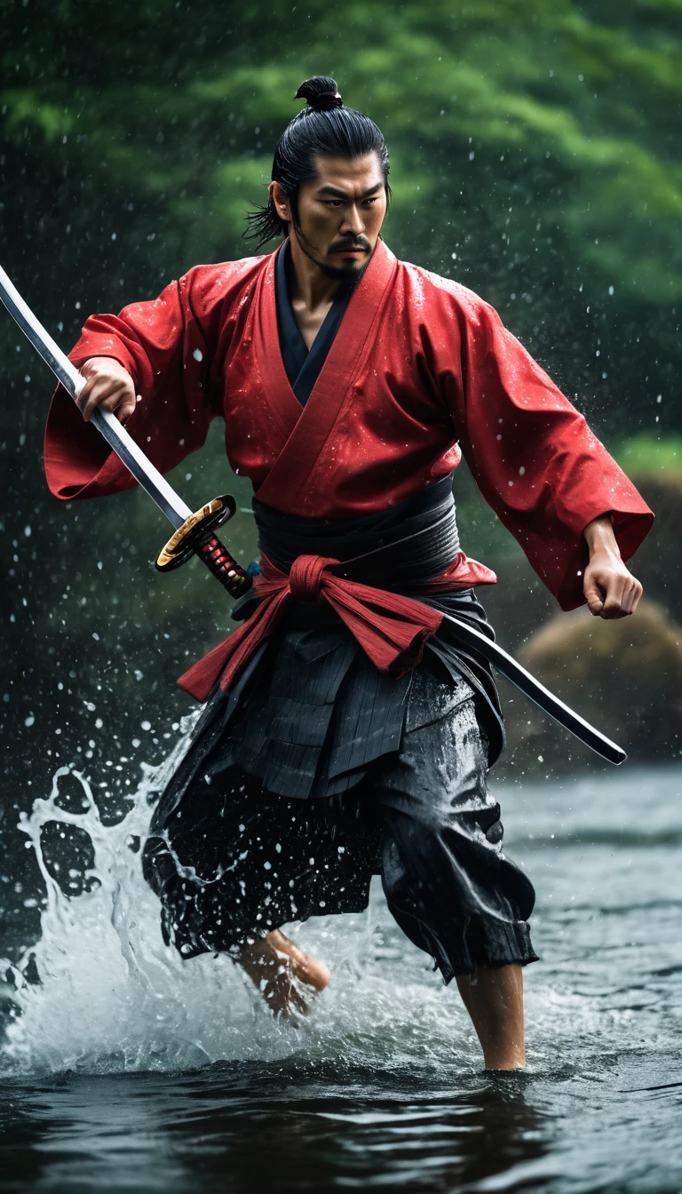 (best quality, Ultra-fine, Samurai emerge from the water, forcefully splash from clothes, One hand holds a katana, fighting, evade, Dodge, actual, photo-actual:1.37), bright colors, sharp focus, Bokeh, (fantasy:1.2),(mystical landscapes), (dynamic poses:1.37), intense gaze, Extraordinary power, mythical power, black and red, rainy day, Wounds on the body, splash, Japanese style)