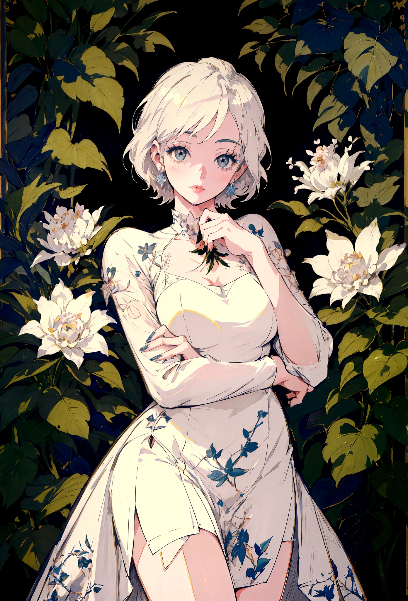 Marilyn Monroe, Anime Style, Short Hair, Platinum Blonde, She is wearing a beautiful embroidered silk dress., Gentle expression, Elegant, Ultra-detailed botanical references, Maximalist Botany, beautifully、Aesthetically beautiful illustration masterpiece, Topaz AI Post Editing