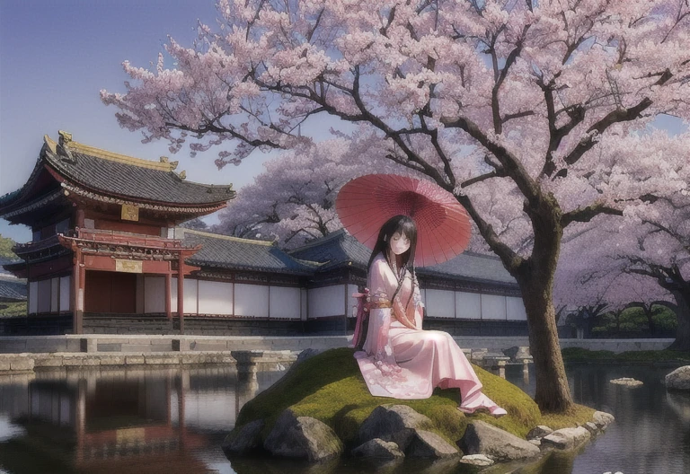 there is a woman sitting on a rock with an umbrella, palace ， a girl in hanfu, under sakura tree, sakura season, chinese fantasy, inspired by Matsumura Goshun, inspired by Matsuno Chikanobu, very beautiful photo, warm beautiful scene, chinese girl, fantasy photography, sakura petals around her, heroine japan vivid landscape, japanese fantasy