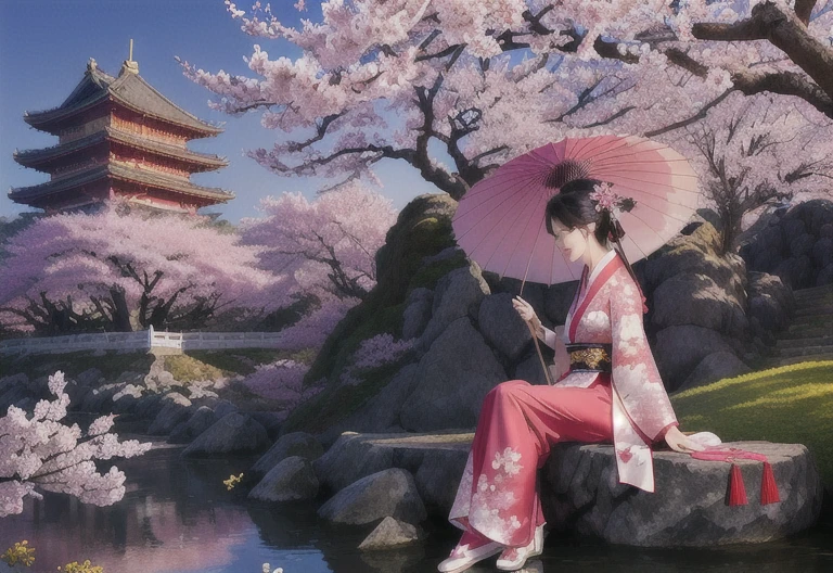 there is a woman sitting on a rock with an umbrella, palace , a girl in hanfu, under sakura tree, sakura season, chinese fantasy, inspired by Matsumura Goshun, inspired by Matsuno Chikanobu, very beautiful photo, warm beautiful scene, chinese girl, fantasy photography, sakura petals around her, heroine japan vivid landscape, japanese fantasy