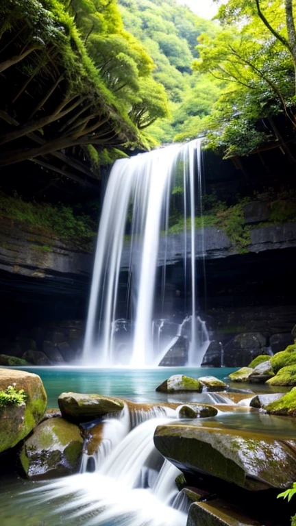 waterfallの畏敬の念を起こさせる光景を明らかにする写真を作りましょう, Surrounded by lush, vibrant vegetation, nature界の威厳とvitalityの証, Awe-inspiring, Intensive, waterfall, vitality, nature. camera: smartphone, lens: standard, time: sunset, style: nature, movie: Digital