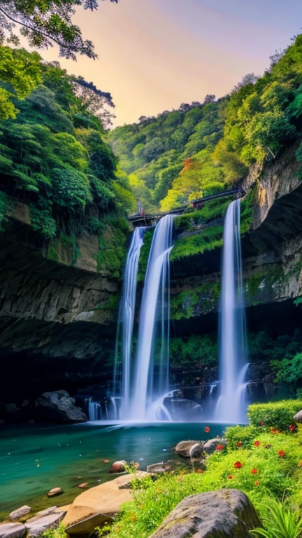 waterfallの畏敬の念を起こさせる光景を明らかにする写真を作りましょう, Surrounded by lush, vibrant vegetation, nature界の威厳とvitalityの証, Awe-inspiring, Intensive, waterfall, vitality, nature. camera: smartphone, lens: standard, time: sunset, style: nature, movie: Digital