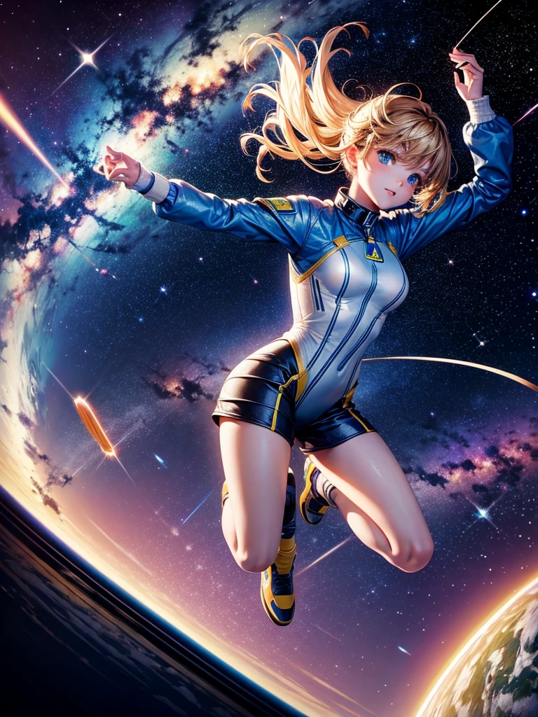 Highest quality,Highest Resolution,A beautiful android girl flying in space,Earth in the background,Milky Way,