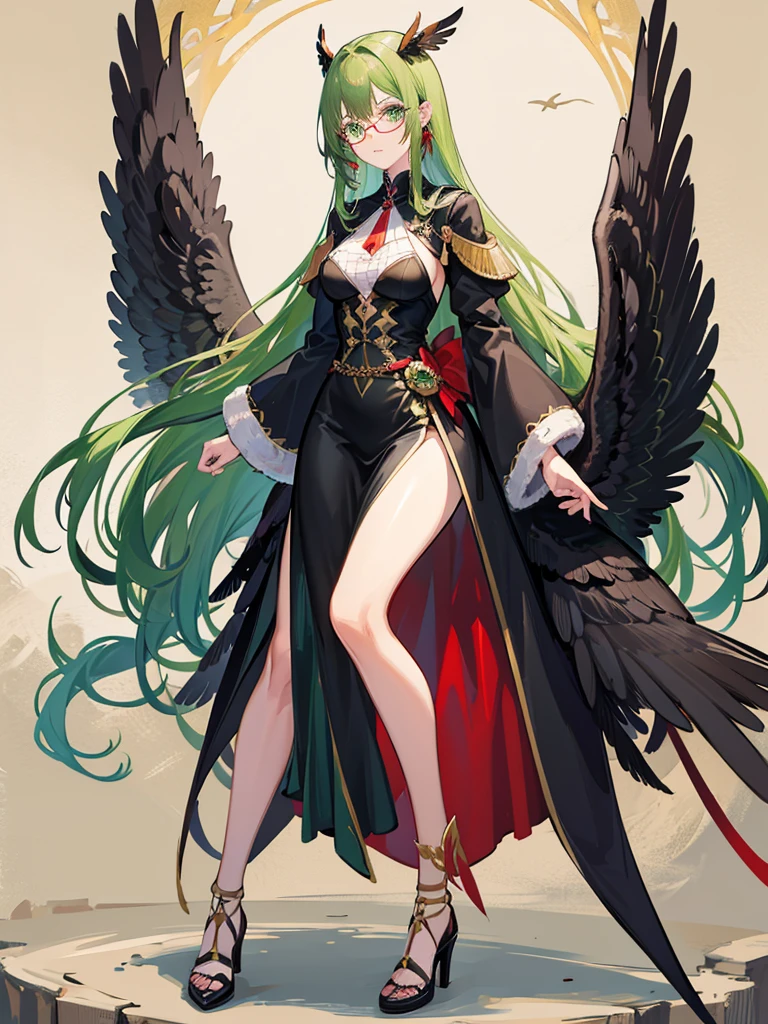1 tall woman, dark green long hair, ponytailed with bird feather hair ornament, green eyes, wearing clear eyeglasses with red frames, wearing body fit outfit with a design of bird's wings, color of outfit is combination of dark green, black and some gold designs, pointed high heels, flying in the sky, absurdness, high res, ultrasharp, 8k, masterpiece, looking at viewer