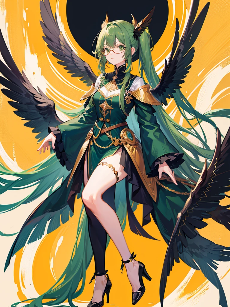 1 tall woman, dark green long hair, ponytailed with bird feather hair ornament, green eyes, wearing clear eyeglasses with red frames, wearing body fit outfit with a design of bird's wings, color of outfit is combination of dark green, black and some gold designs, pointed high heels, flying in the sky, absurdness, high res, ultrasharp, 8k, masterpiece, looking at viewer