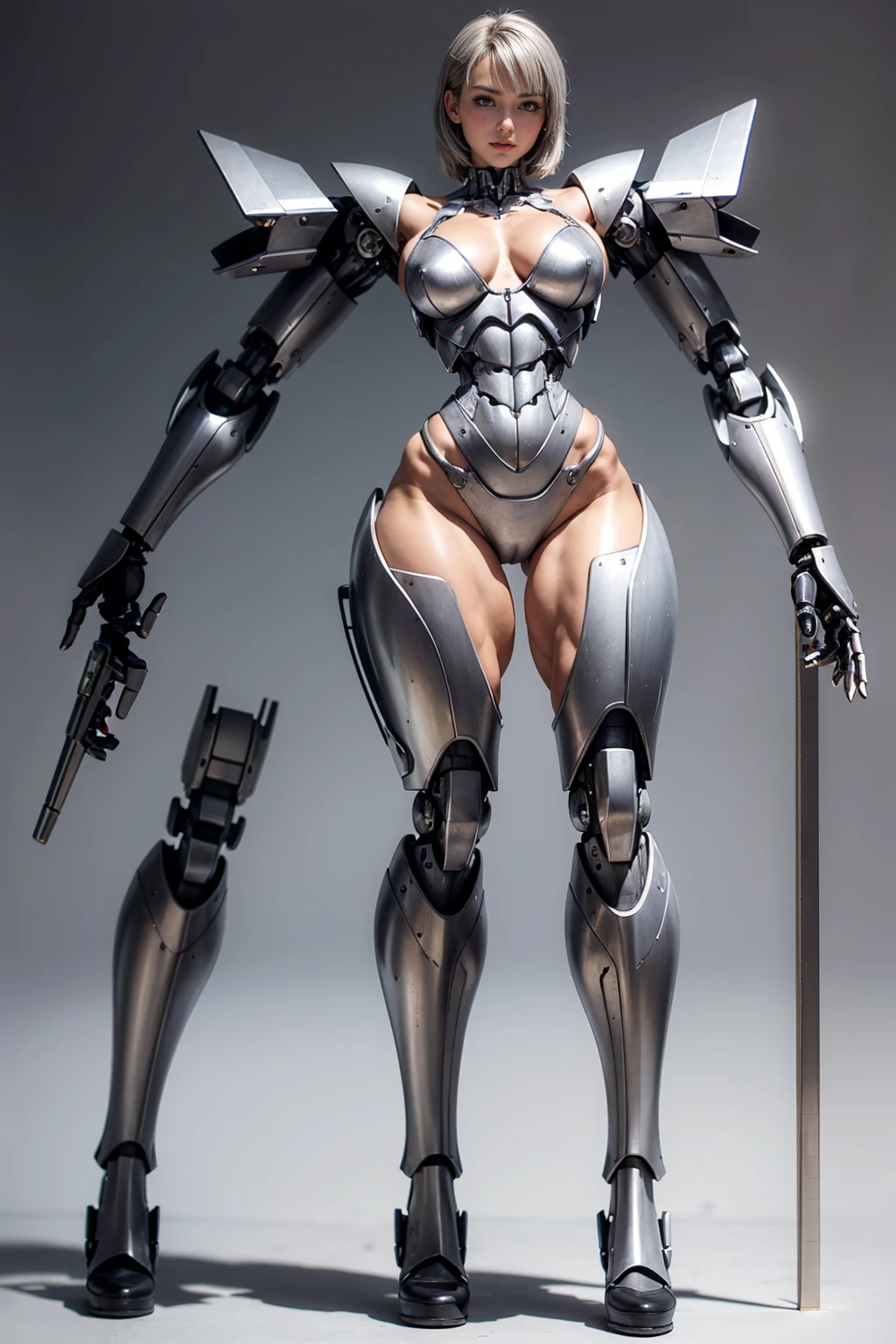 (Muscular:1.8), (thick thighs:1), (large round breasts:1), (large muscular chest and shoulders:1.4), FEMALE, brown hair, long brown hair, (big smile:0), (tight mecha arm, tall cute silver cyborg:1.5), looking at viewer, (three quarter view:1.3), upper body view, (lab:1.5), dark lighting, detailed skin, detailed eyes, (dark skin:1.), (very thin waist:1.3), (huge round muscles:1.5), (one protagonist:1.5), (tall:1.9),