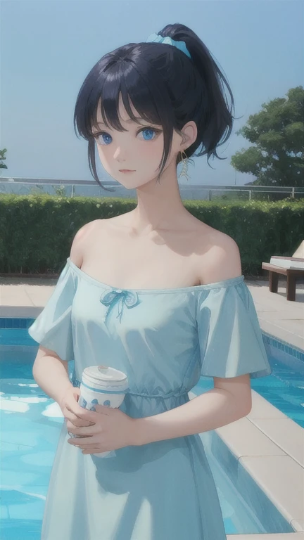 Night Pool、Highest quality photos、、Off-the-shoulder dress、Two Girls、blue eyes、Small breasts、ponytail、Short Hair、