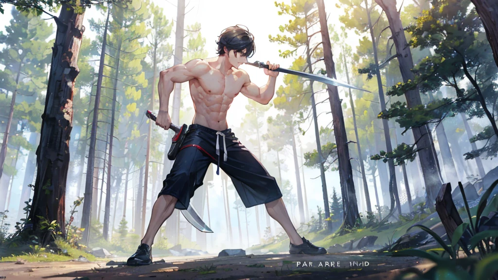 boy,without shirt,ready to fight,perfect face,full body,holding weapon,forest lake,morning background,8k,masterpiece,ultrasharp