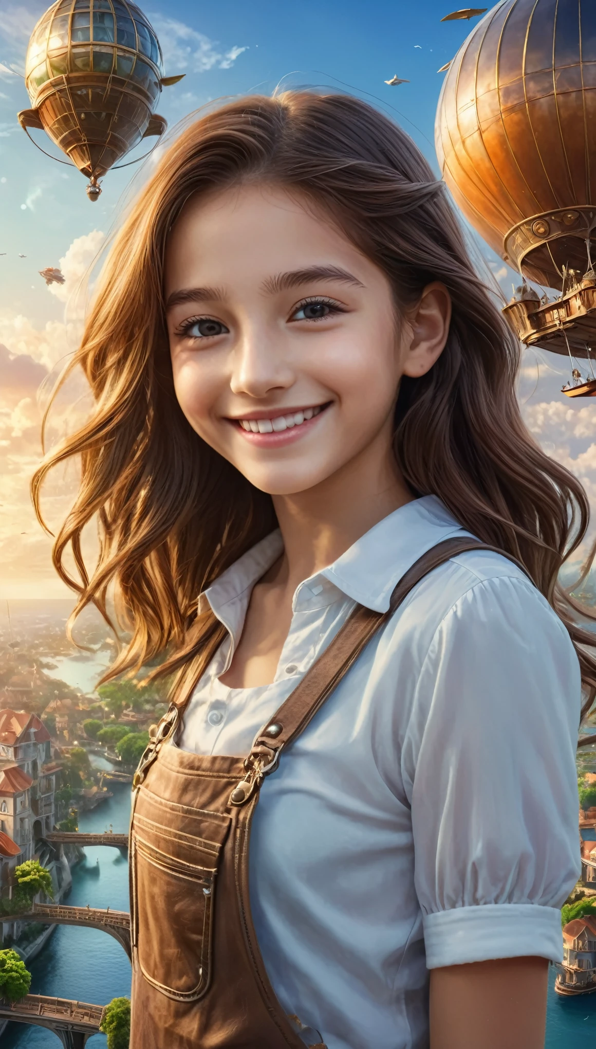 Many islands are floating in the air, A small airship is flying around, City, Fantasy, A magical plant grows, Extreme Detail, Realistic Light, A magnificent composition, (Intricate details), (Intricate Design, Super detailed :1.2), Art Station, (masterpiece, Highest quality), Ultra HD, 32K (Close-up portrait of beautiful girl is smiling at viewers:1.1)