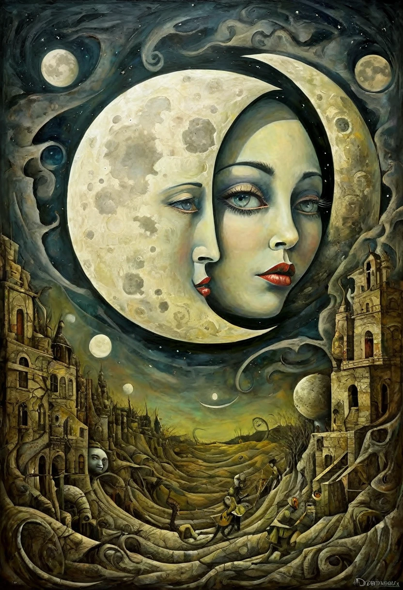 the moon, Artwork inspired by Dave Mckean, intricate details, oil painted, surreal bizarre, cubism, high quality