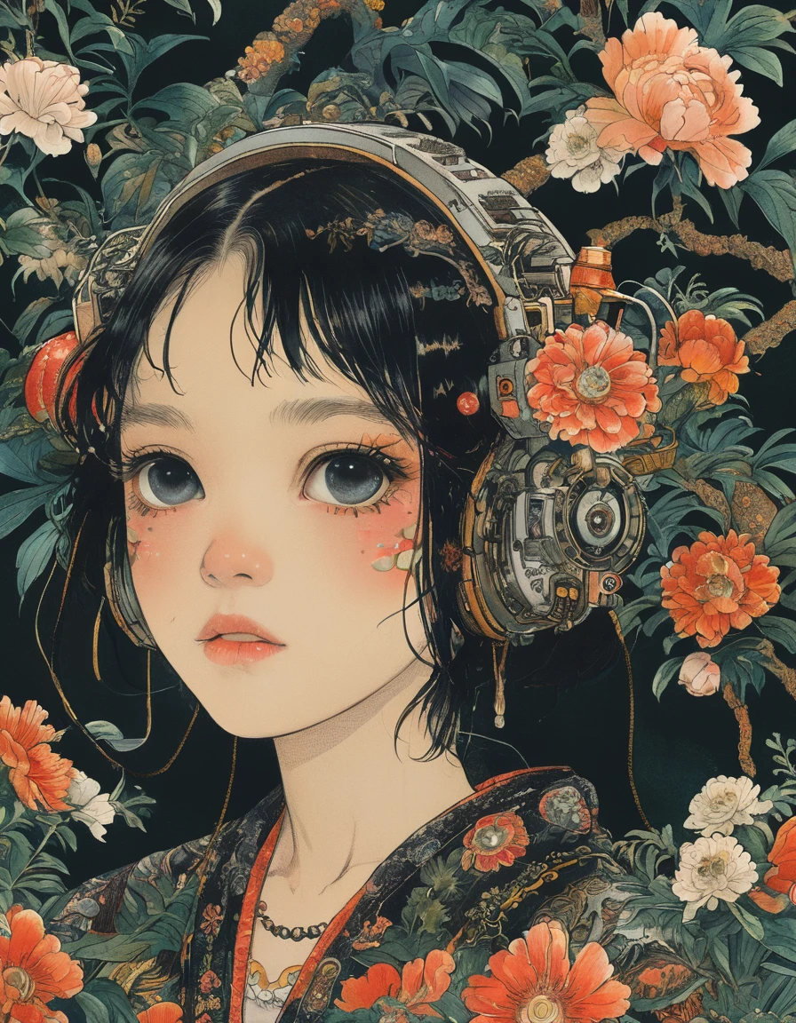 A girl with black hair and white eyes, dressed in dark , stands next to an anthropomorphic tiger, both looking at the camera. The background is adorned with intricate patterns of flowers and leaves., with a black color scheme, taken from a low angle shot, with high resolution and high detail, a masterpiece.
