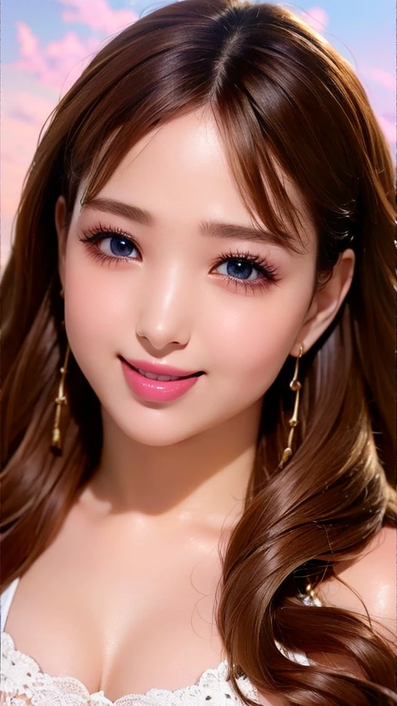 Beauty, Mystical Eyes、Big 、Super sexy、Pale skin、Shiny Hair、Super long hair、Loose and fluffy perm、Close to blonde、Are fat、fat、smile、Heavy makeup、Pink lipstick、Thick lipoisturized lips、Plump、Voluptuous、Indian、spring、Blue sky、White cloud、looking at the camera、Has bangs、Bangs fall on the forehead、Heavy makeup、Heavy makeup、The face is dark、Exotic Face
