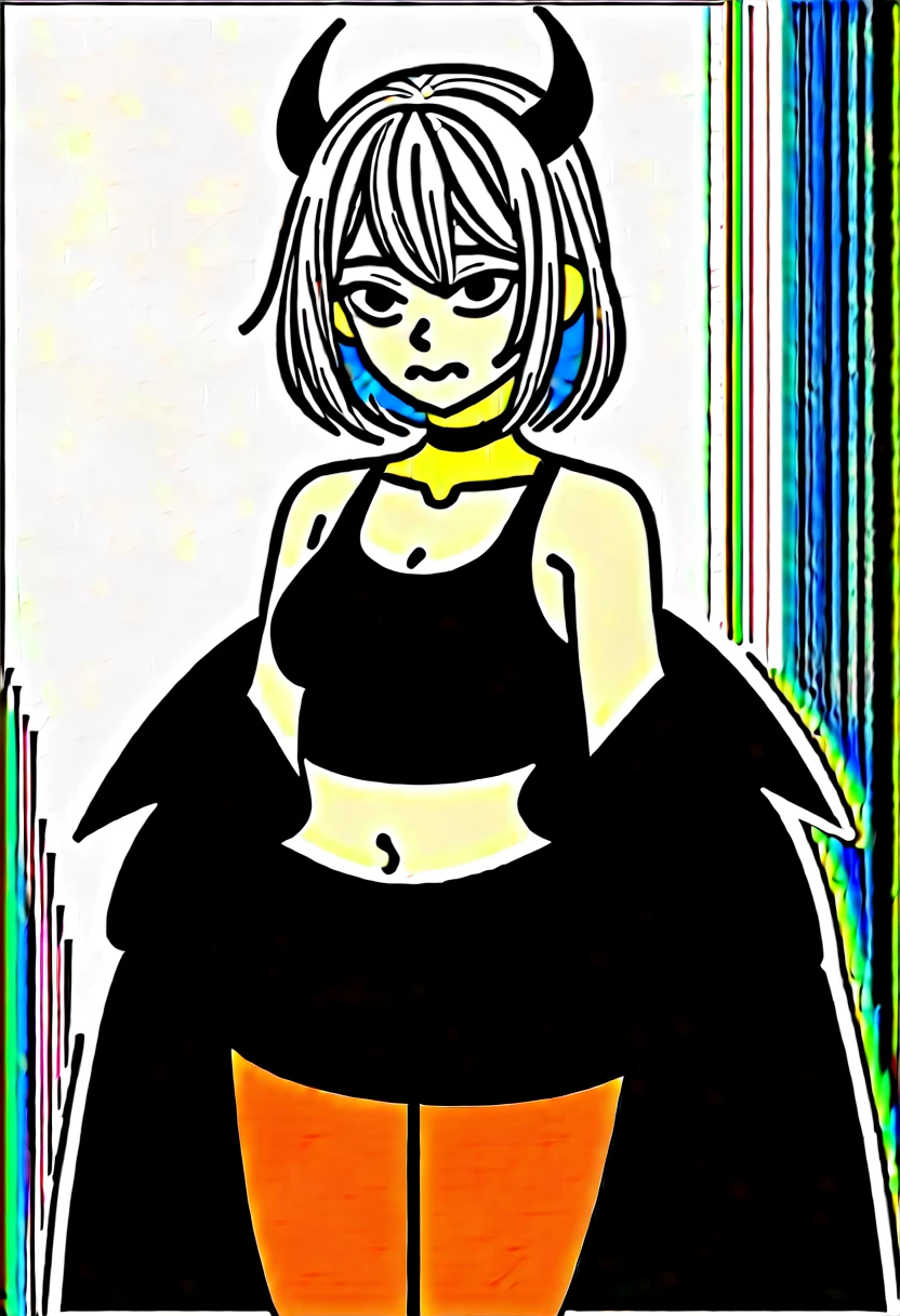 Purple white hair, black eyes, black tank top, black jacket, black mini skirt, dragon horns, crying 