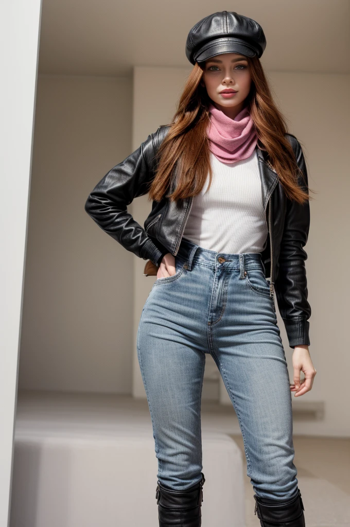 Photorealistic, best quality, hyper detailed, selfie photo, upper body. Gorgeous, pretty, warm-hearted, kind-hearted, good-hearted, stunning, cheerful, sweet, polite, sensitive, sensible, shiny, charming, classy, stylish, super long flowing and glowing ginger haired russian woman. With the cutest face, pale skin, elegant make up, red lipstick, she is wearing a leather jacket, skinny denim trousers, a grey sweater, riding boots, a black newsboy cap and a pink scarf.
