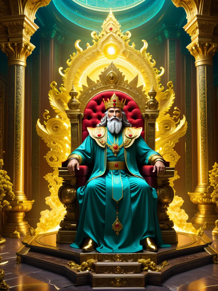 Realistic digital illustrations, Surrealism, The god of trade and prosperity sits on his uranium-tech throne in the ornate throne room.,
