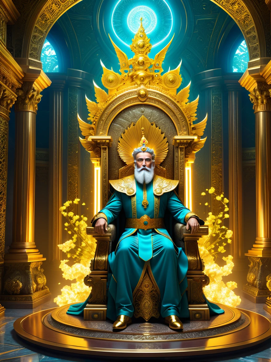 Realistic digital illustrations, Surrealism, The god of trade and prosperity sits on his uranium-tech throne in the ornate throne room.,