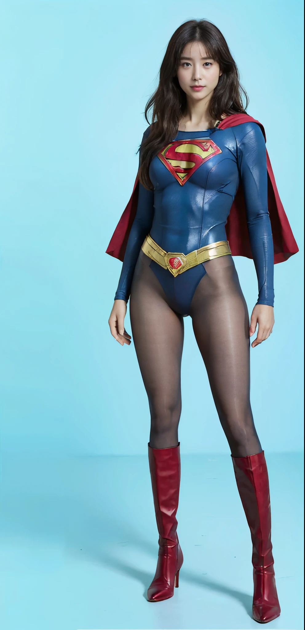 No background、(((Beautiful legs in black tights.)))、(((Legally express the beauty of your smile)))、((((Make the most of your original images)))、(((Supergirl Costume)))、(((Beautiful very short hair)))、(((suffering)))、(((Please wear black tights....、Wear red boots)))、((Best image quality、8K))、((Highest quality、8K、masterpiece:1.3))、(((Preserve background )))、Sharp focus:1.2、Beautiful woman with perfect figure:1.4、Slim Abs:1.2、Wet body:1.5、Highly detailed face and skin texture、8K