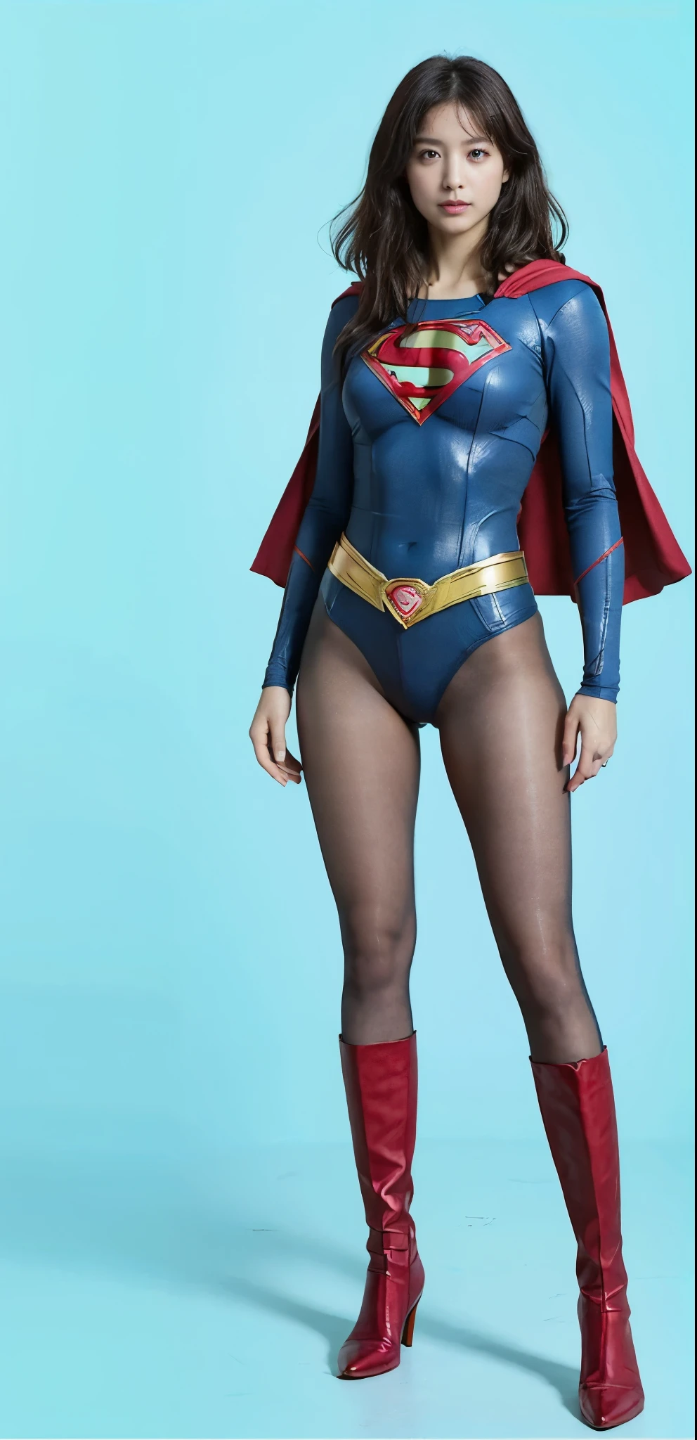 No background、(((Beautiful legs in black tights.)))、(((Legally express the beauty of your smile)))、((((Make the most of your original images)))、(((Supergirl Costume)))、(((Beautiful very short hair)))、(((suffering)))、(((Please wear black tights....、Wear red boots)))、((Best image quality、8K))、((Highest quality、8K、masterpiece:1.3))、(((Preserve background )))、Sharp focus:1.2、Beautiful woman with perfect figure:1.4、Slim Abs:1.2、Wet body:1.5、Highly detailed face and skin texture、8K