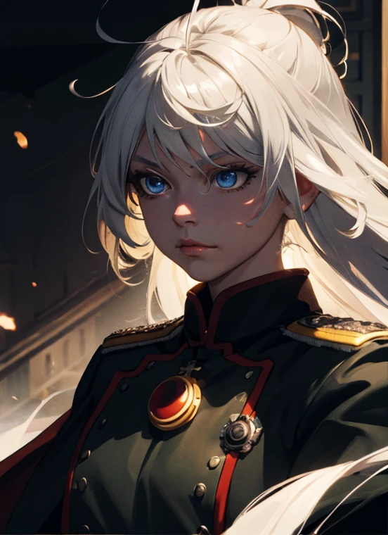 (extremely detailed CG unity 8k wallpaper), (masterpiece), (best quality), (ultra-detailed), (best illustration), (best shadow), (absurdres) ,(detailed eyes), 2b, 1girl, long hair, white hair, solo, Intimidating women, admiral uniform, night, hero pose, white clothes, General Uniform, Military Uniform, Sunlight, exposed to sunlight,commander, fighting pose, wearing cape