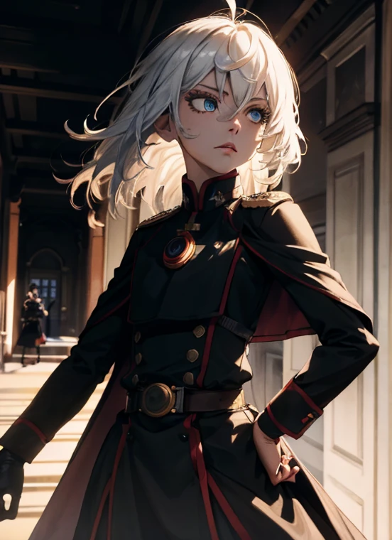 (extremely detailed CG unity 8k wallpaper), (masterpiece), (best quality), (ultra-detailed), (best illustration), (best shadow), (absurdres) ,(detailed eyes), 2b, 1girl, long hair, white hair, solo, Intimidating women, admiral uniform, night, hero pose, white clothes, General Uniform, Military Uniform, Sunlight, exposed to sunlight,commander, fighting pose, wearing cape