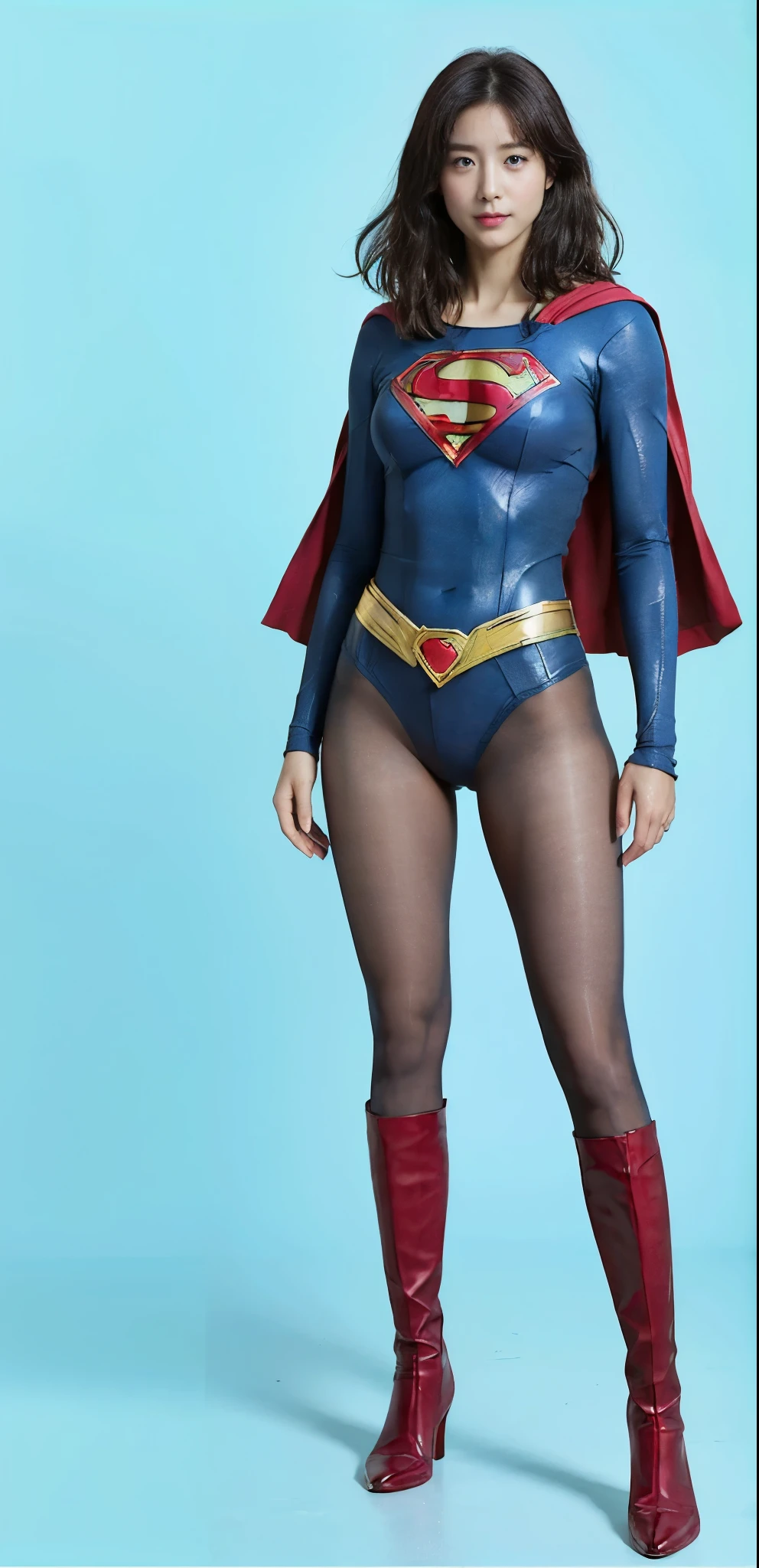 No background、(((Beautiful legs in black tights.)))、(((Legally express the beauty of your smile)))、((((Make the most of your original images)))、(((Supergirl Costume)))、(((Beautiful very short hair)))、(((suffering)))、(((Please wear black tights....、Wear red boots)))、((Best image quality、8K))、((Highest quality、8K、masterpiece:1.3))、(((Preserve background )))、Sharp focus:1.2、Beautiful woman with perfect figure:1.4、Slim Abs:1.2、Wet body:1.5、Highly detailed face and skin texture、8K