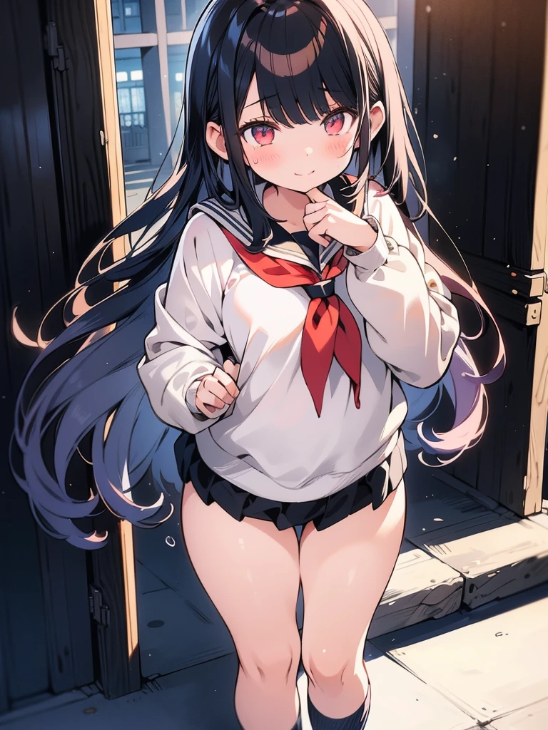 masterpiece, best quality, ultra-detailed, illustration, an extremely delicate and beautiful, 8k,perfect face, 1 girl, playful smile,full body, student gym uniform,blush,thin clothes,mature,sweat, school storehouse background, red long hair,gasp.