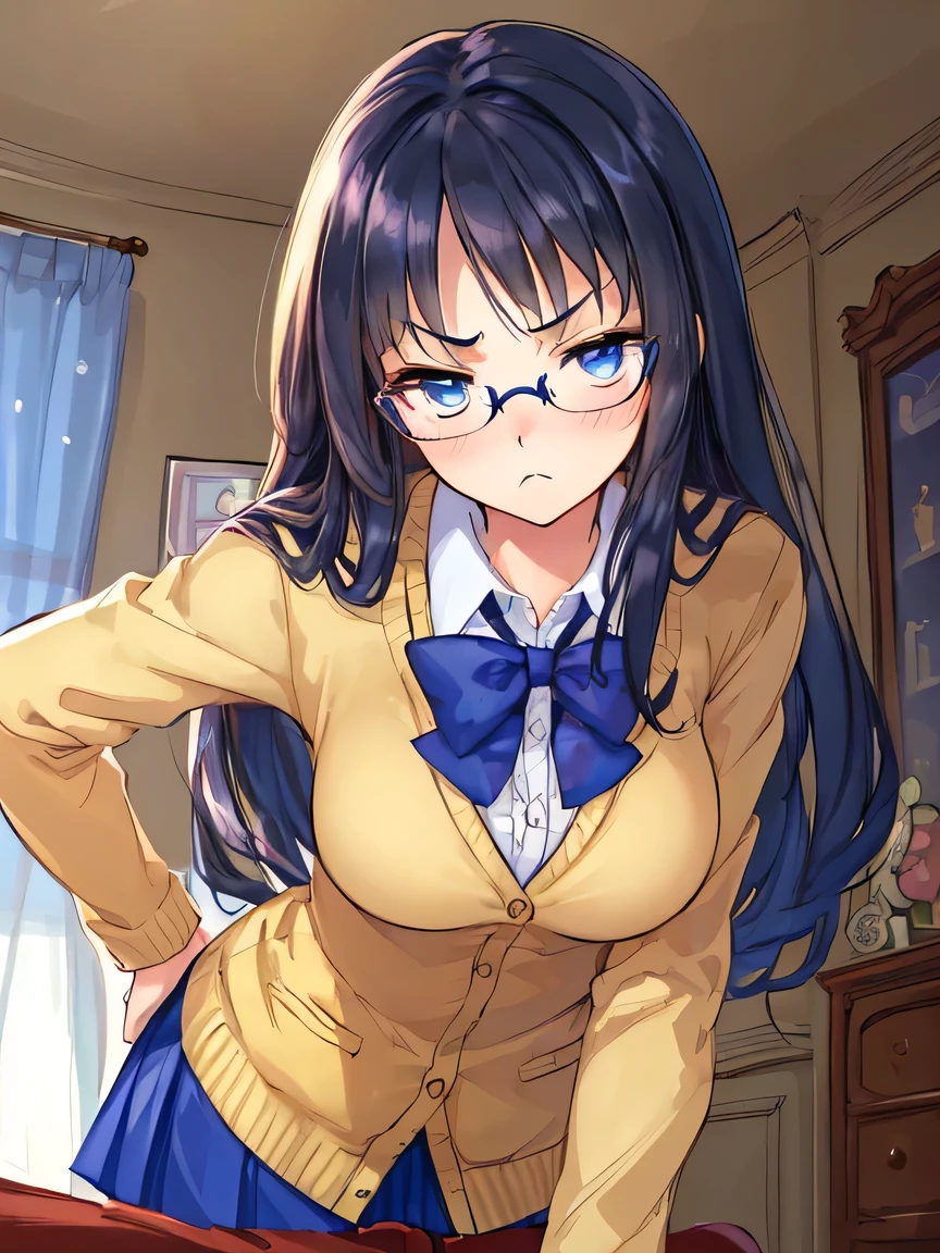 ((Masterpiece)), ((top quality)), very detailed, animated style illustration, bedroom, 1girl, cute girl, solo, Diagonal, from below, looking down, upper body, face focus, blazer uniform, (beautiful eyes), beautiful black hair, long hair, slim, slender, glasses, medium breast, (leaning forward:1.4), (pouty face:1.3), (>:(:1.1).