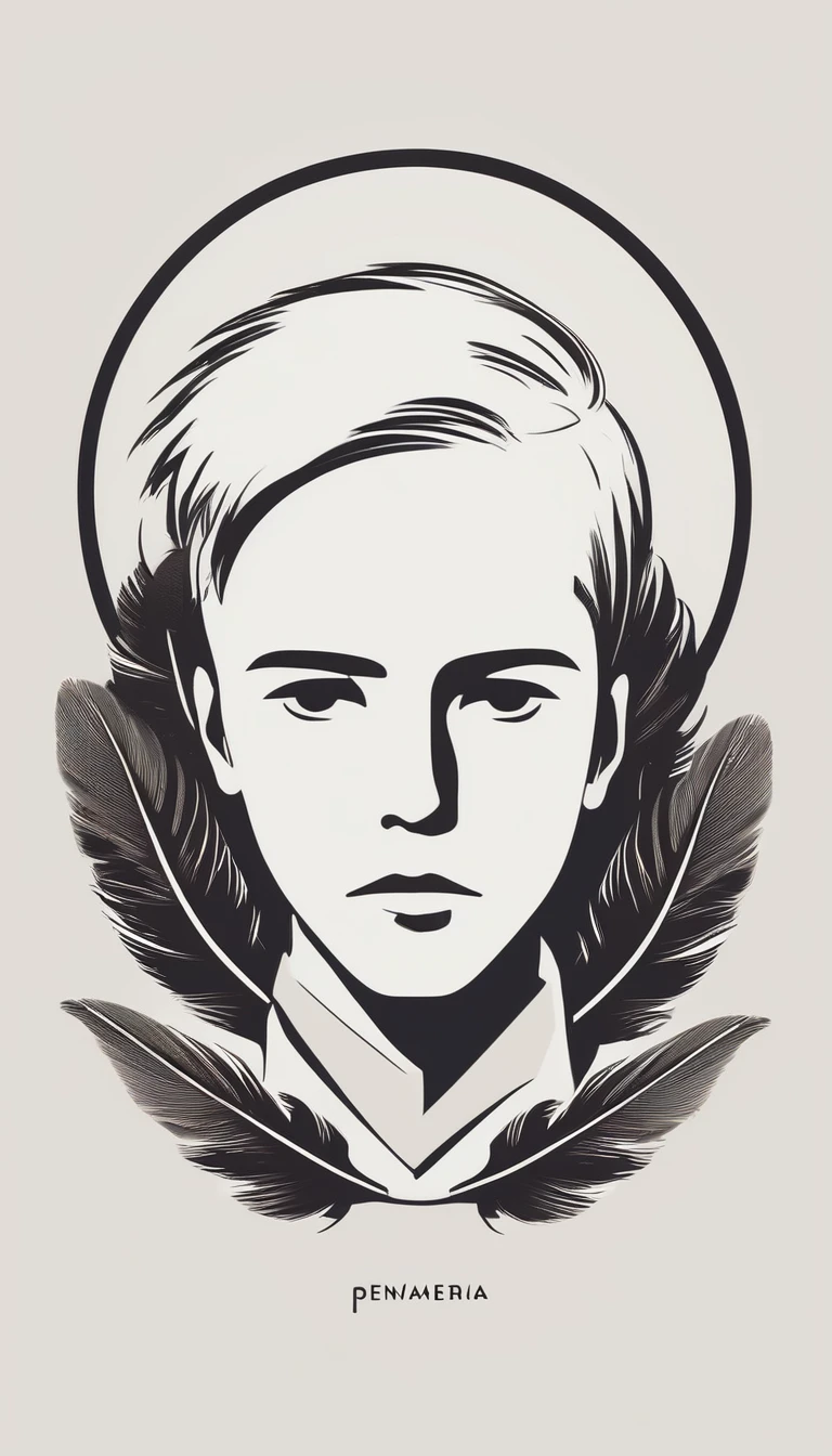 A minimal, modern, simple, cinematic logotype of a boy with a head full of feathers for the brand “Penamemoria".