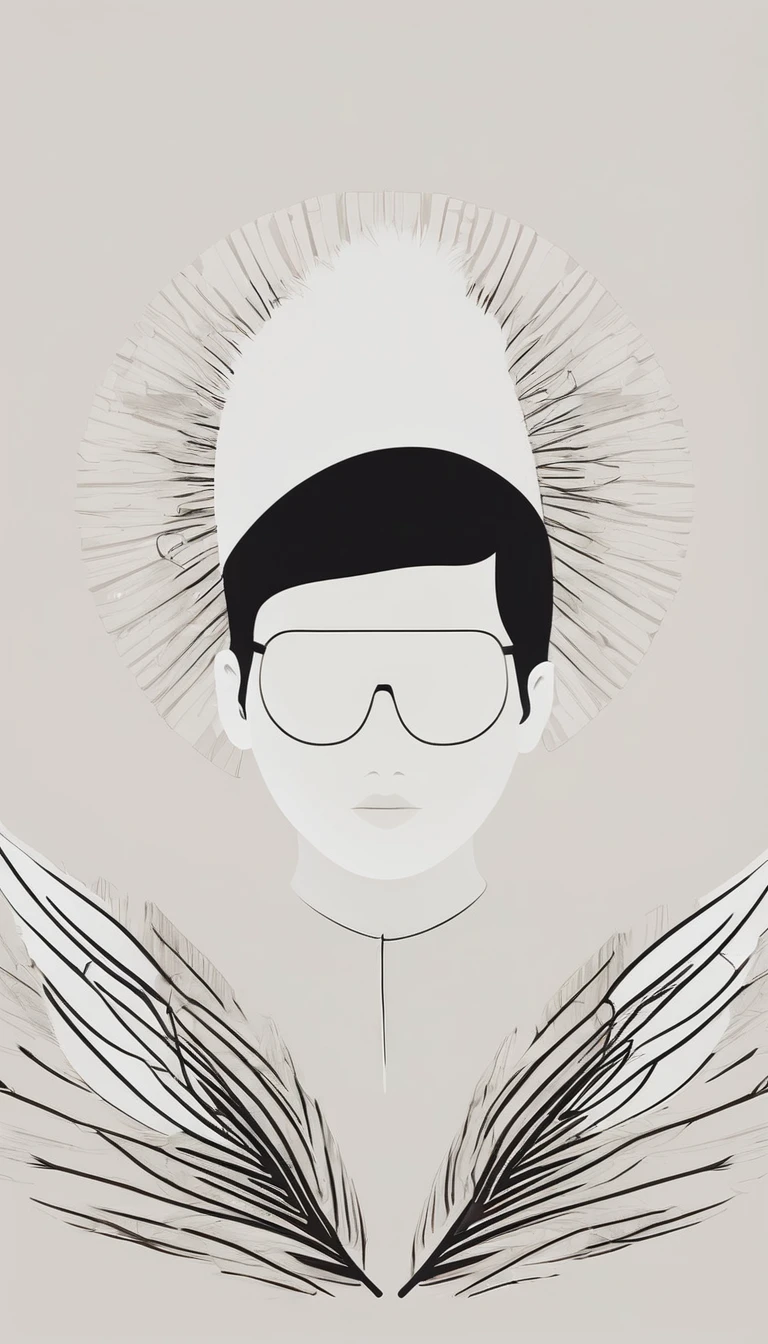 A minimal, modern, simple, cinematic logotype of a boy with a head full of feathers for the brand “Penamemoria".