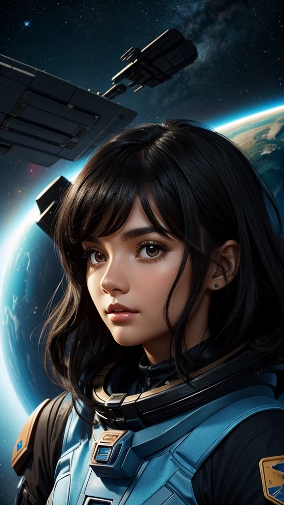 Beautiful black-haired girl with brown eyes and hair wearing space clothes inside a ship