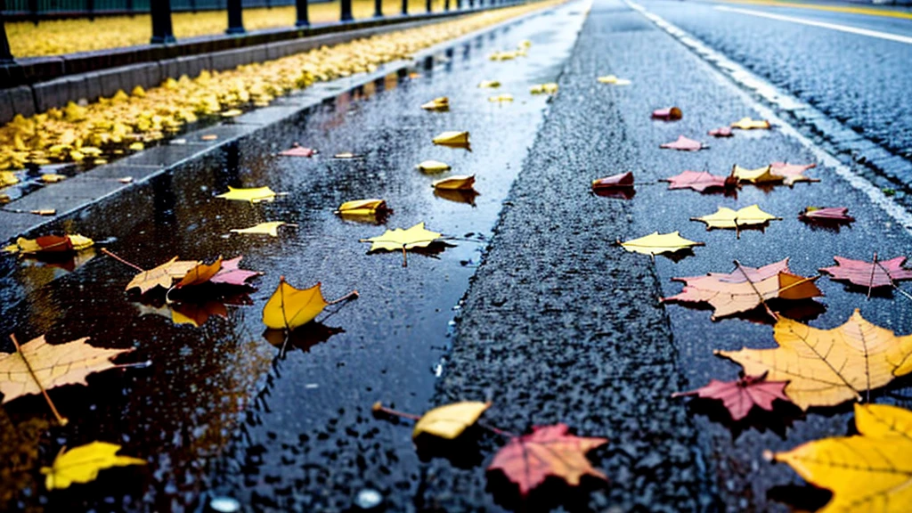 city, autumn, rainy, puddles on the pavement, yellow leaves. colourful pills falling from the sky